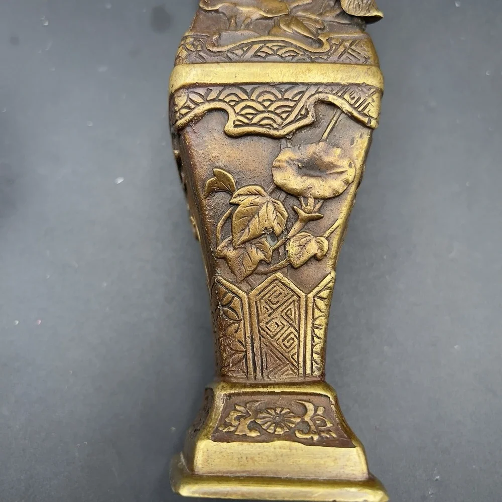 Vintage Chinese Brass Carving Vase Flowers Iris Morning Glory 6